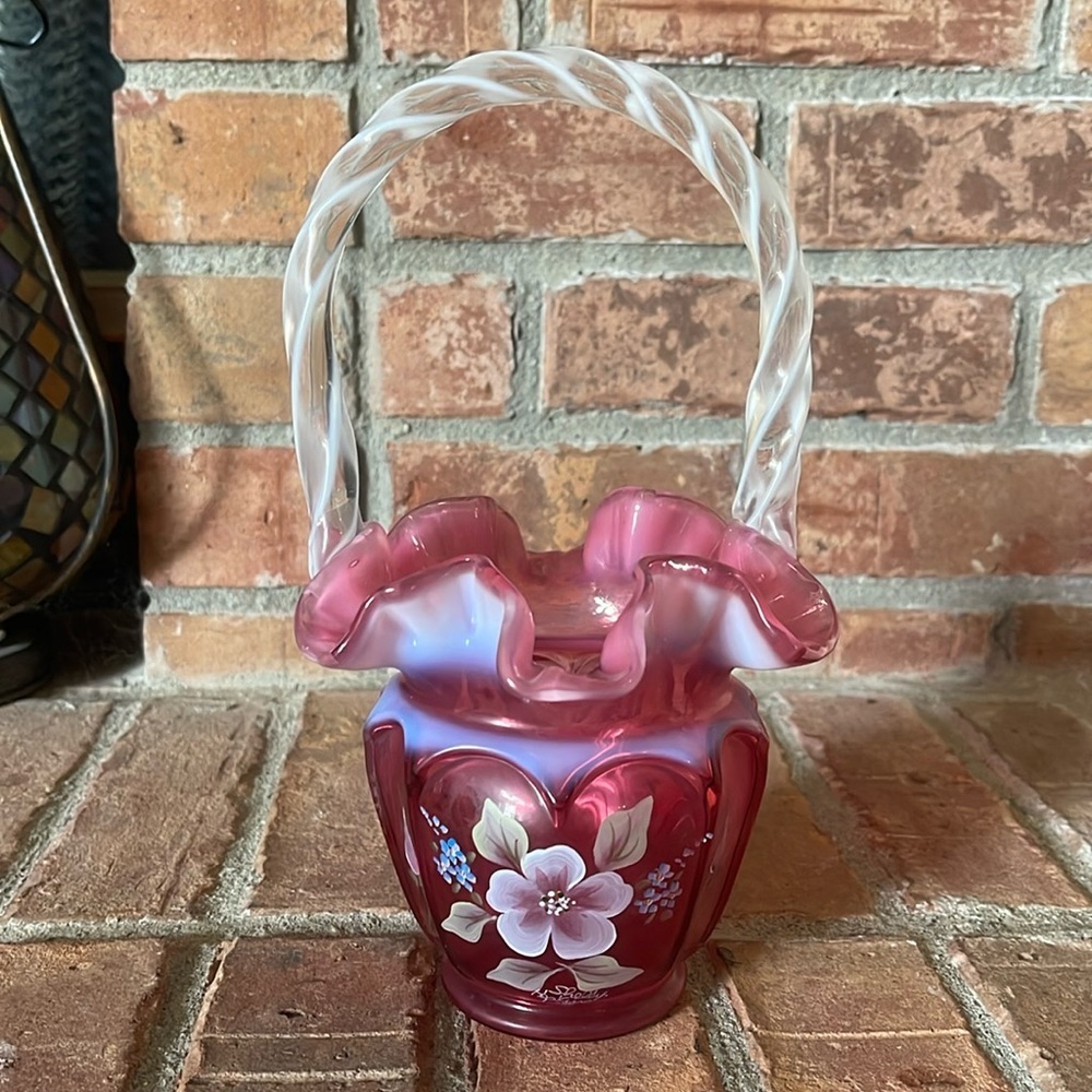 Fenton Cranberry Opalescent Art Glass Hand Painted Floral Basket Signed